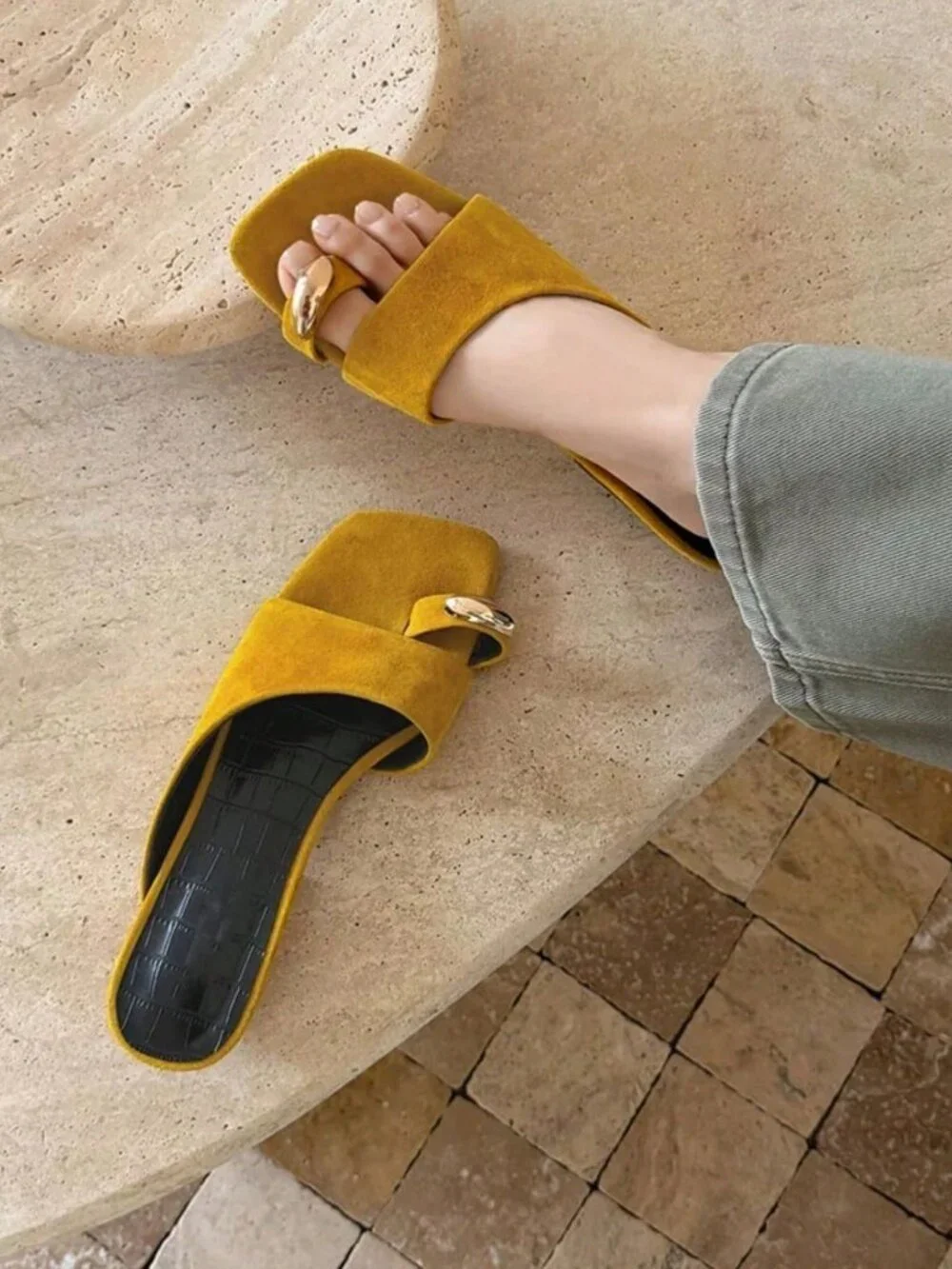 Yellow Women's French Open Toe Mule Sandals